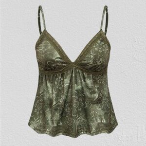 Women Summer Floral Print Splice Lace Ruffle Hem Camisole Top